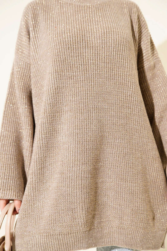 تونيك فضفاض بياقة دائرية مزين بالترتر، لون المنك