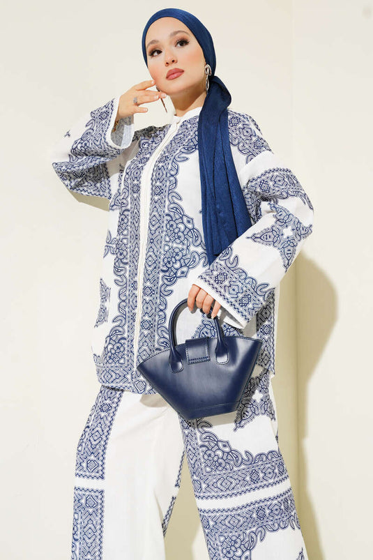 Casual Patterned Two-Piece Set, Navy Blue