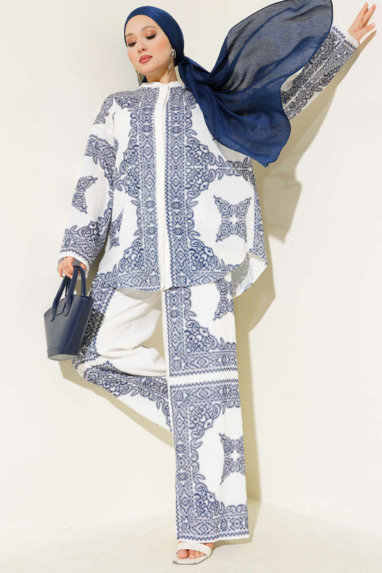 Casual Patterned Two-Piece Set, Navy Blue