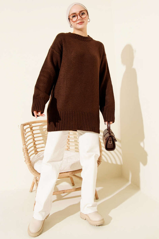 Tunique en tricot décontractée à épaules tombantes, couleur café