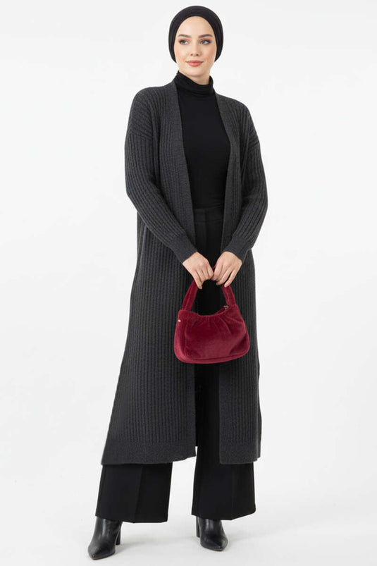 كارديجان طويل فضفاض من قماش الكوردروي بلون أنثراسيت