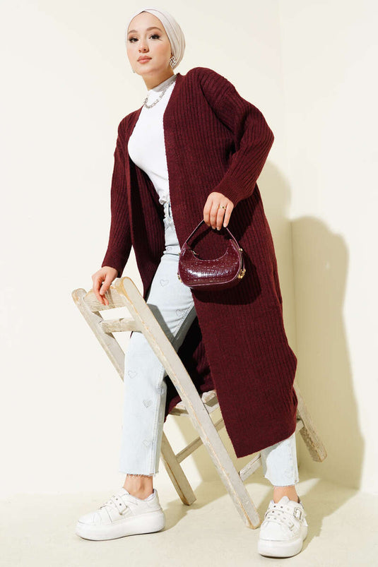 Cardigan lungo in velluto a coste dalla vestibilità ampia, bordeaux