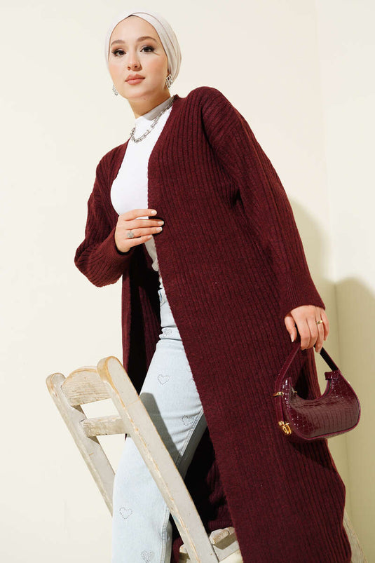 Salaş Fitilli Uzun Hırka Bordo