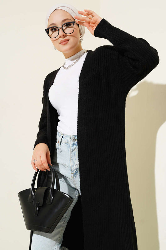 Salaş Fitilli Uzun Hırka Siyah