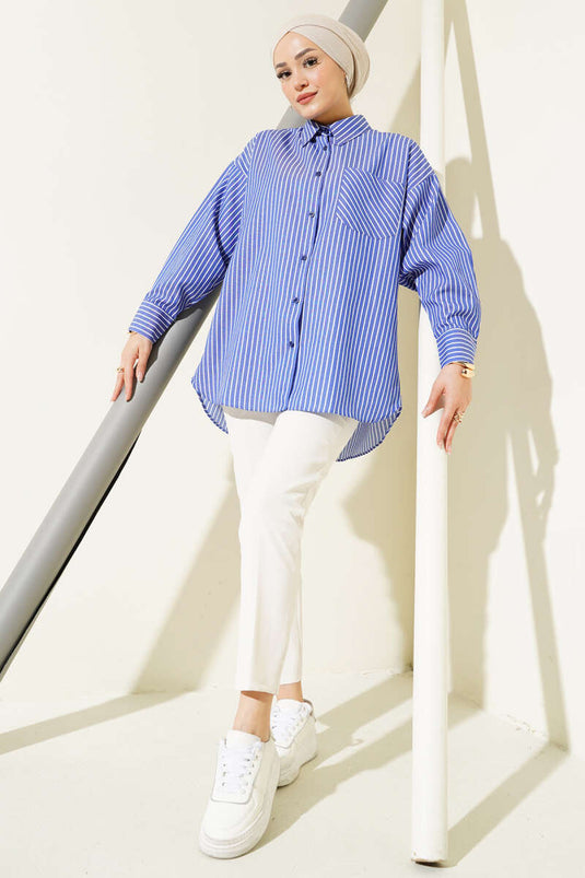 Casual Thin Striped Shirt in Saxe