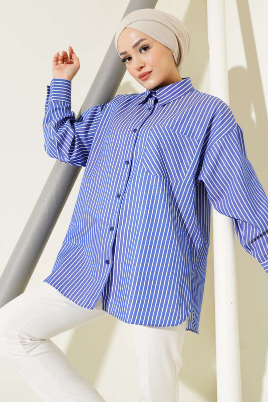 Casual Thin Striped Shirt in Saxe