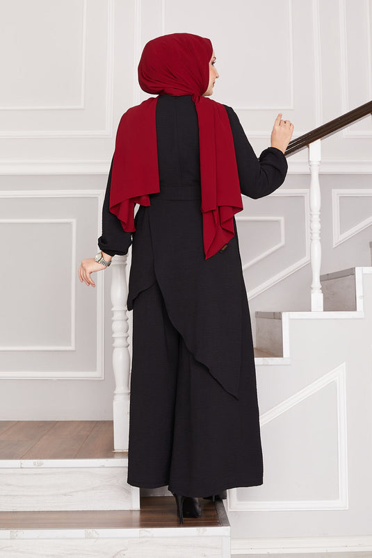 Lässiger Aerobin Hijab Zweiteiliger Anzug in Schwarz