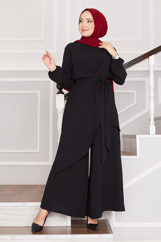 Lässiger Aerobin Hijab Zweiteiliger Anzug in Schwarz