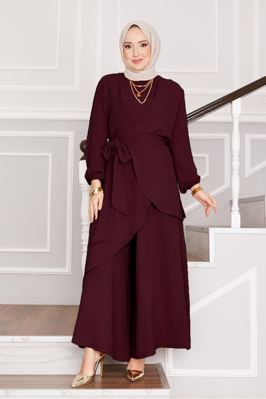 Combinaison double hijab Aerobin à motif décontracté rouge bordeaux