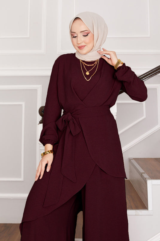 Combinaison double hijab Aerobin à motif décontracté rouge bordeaux