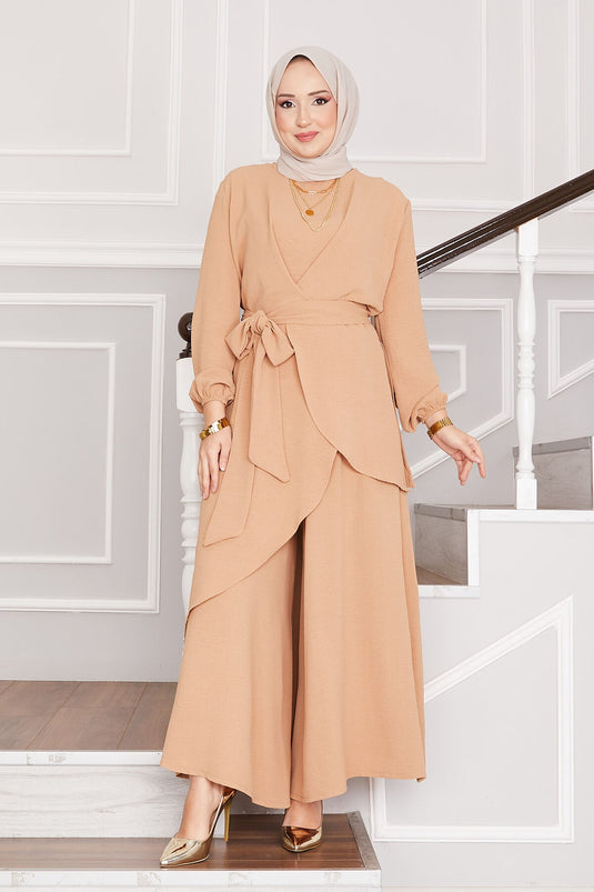 Oversized Pattern Aerobic Hijab Two-Piece Set Camel