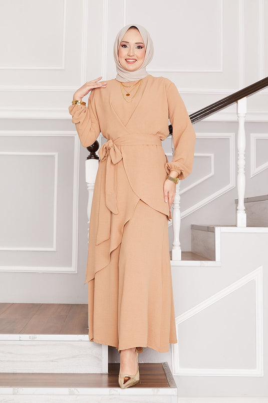 Oversized Pattern Aerobic Hijab Two-Piece Set Camel