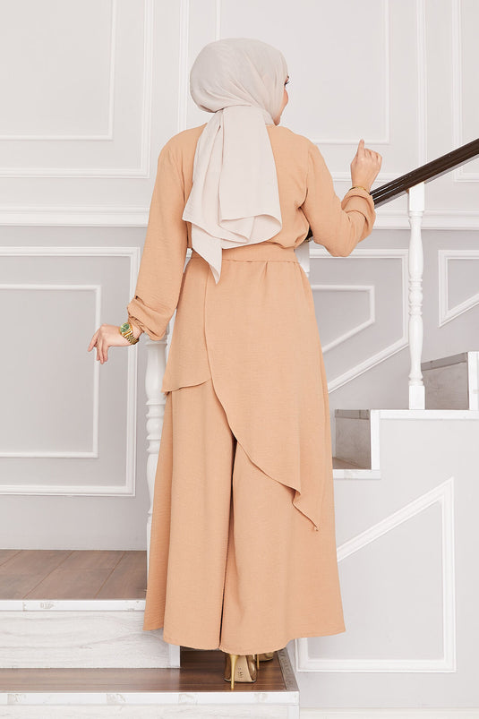 Oversized Pattern Aerobic Hijab Two-Piece Set Camel