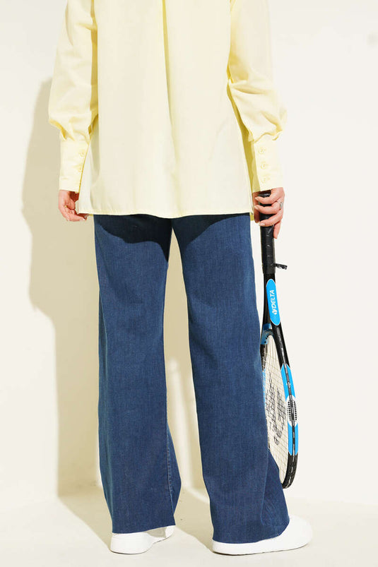 Salaş Kesik Paça Pantolon Koyu Mavi