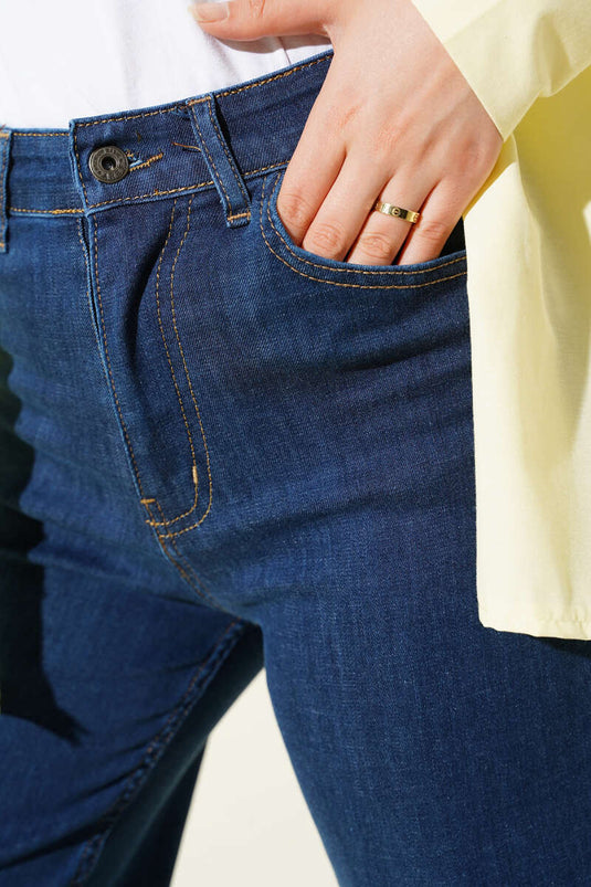 Salaş Kesik Paça Pantolon Koyu Mavi