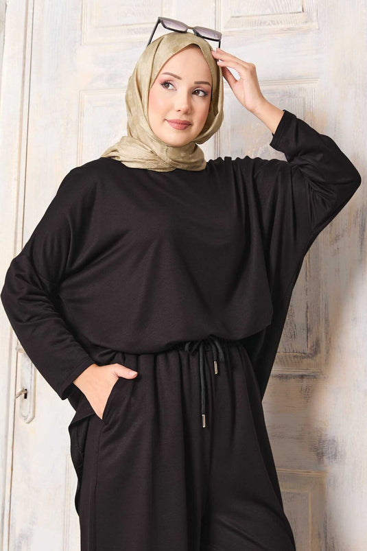 طقم سروال شلوار بقصة فضفاضة - أسود