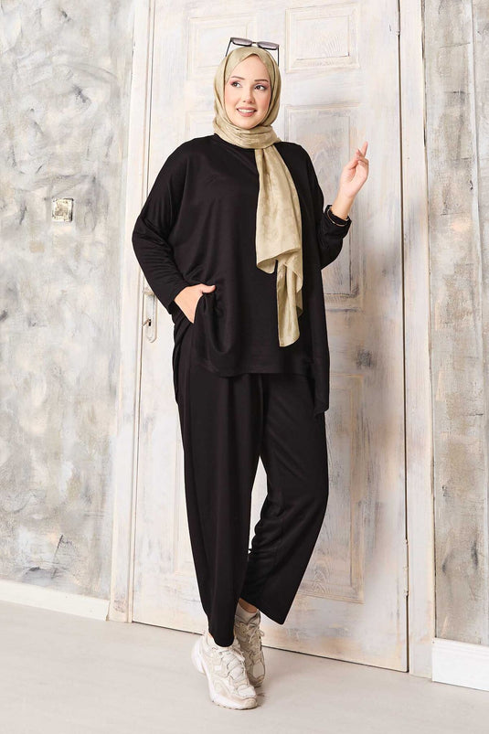 طقم سروال شلوار بقصة فضفاضة - أسود