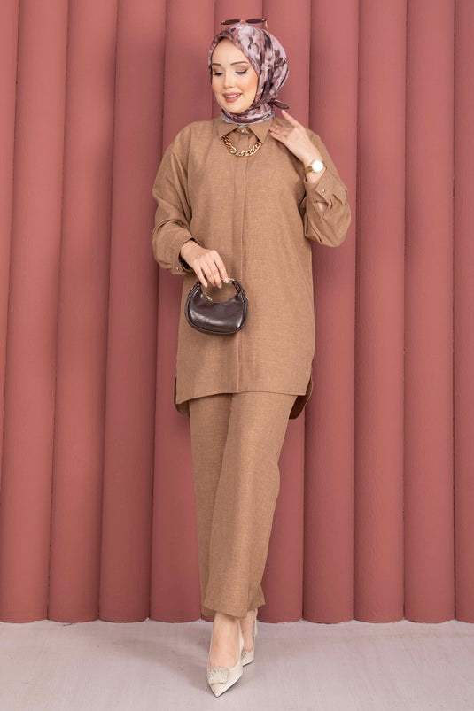 Ensemble Deux Pièces Tunique et Pantalon Coupe Décontractée Couleur Vison