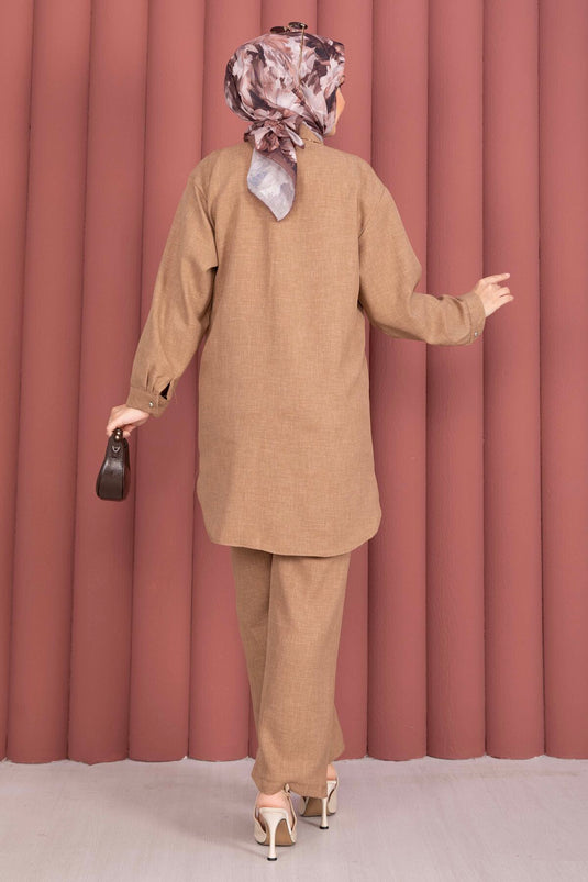Ensemble Deux Pièces Tunique et Pantalon Coupe Décontractée Couleur Vison