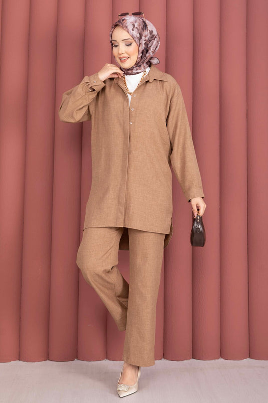 Ensemble Deux Pièces Tunique et Pantalon Coupe Décontractée Couleur Vison