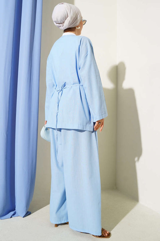 بدلة كيمونو كاجوال من قطعتين باللون الأزرق