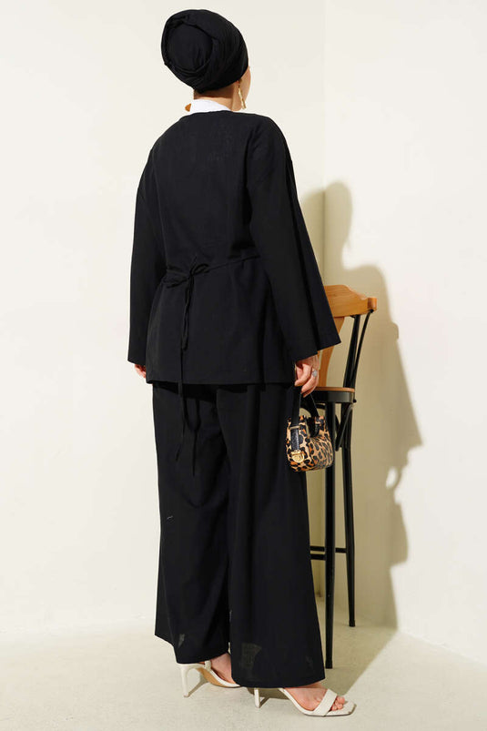 بدلة كيمونو كاجوال من قطعتين باللون الأسود