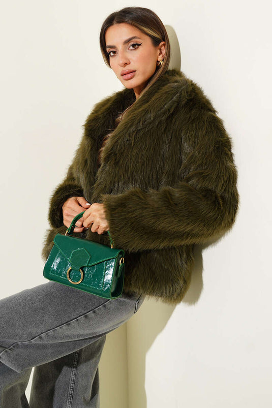 معطف فرو فضفاض، لون كاكي.