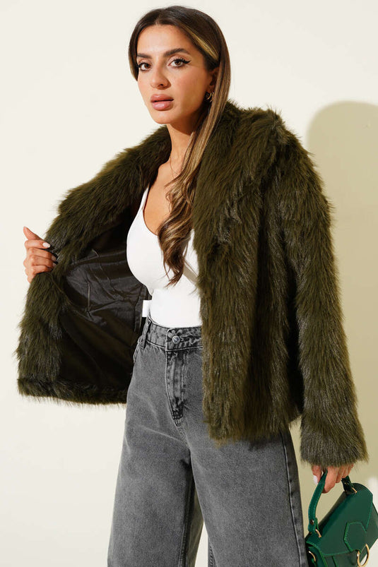 معطف فرو فضفاض، لون كاكي.