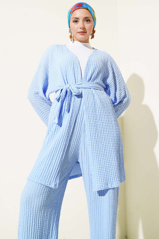 طقم كيمونو كاجوال بحزام من قطعتين، أزرق فاتح