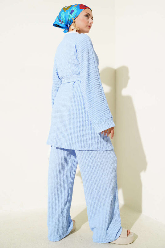 طقم كيمونو كاجوال بحزام من قطعتين، أزرق فاتح