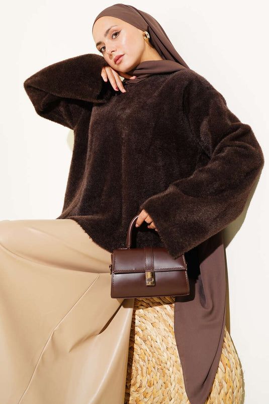 سترة تريكو أساسية كاجوال بلحية، بنية اللون