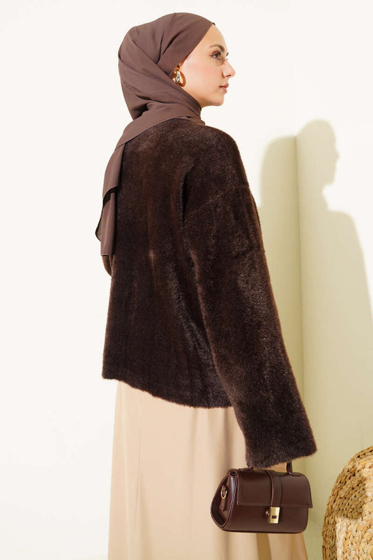 سترة تريكو أساسية كاجوال بلحية، بنية اللون