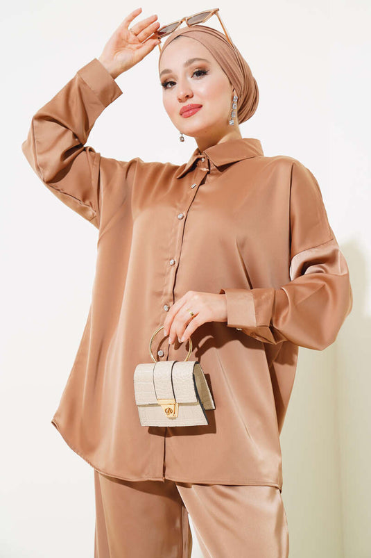 Salaş Saten İkili Takım Latte