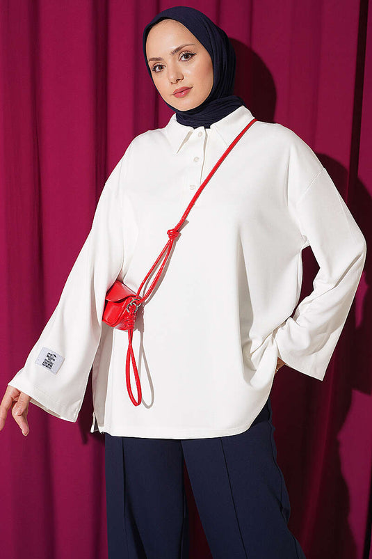 Loose Split Detail Lace Tunic Ecru