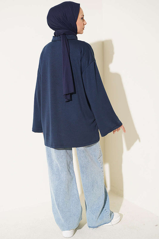 Loose Side-Slit Lace Tunic In Navy Blue