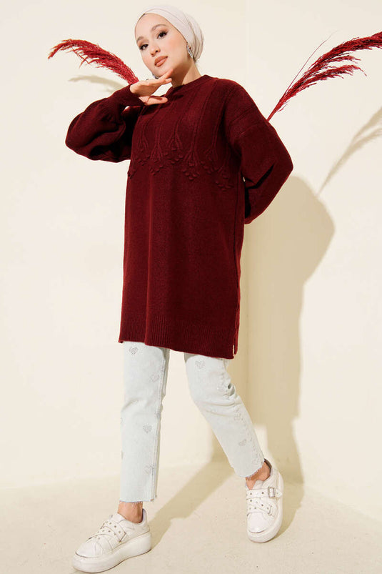 Cluster Embossed Soft Knit Tunic Claret Red
