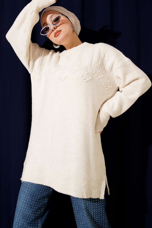 Cluster Embossed Soft Knit Tunic Ecru