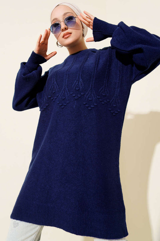 Cluster Embossed Soft Knit Tunic Navy Blue