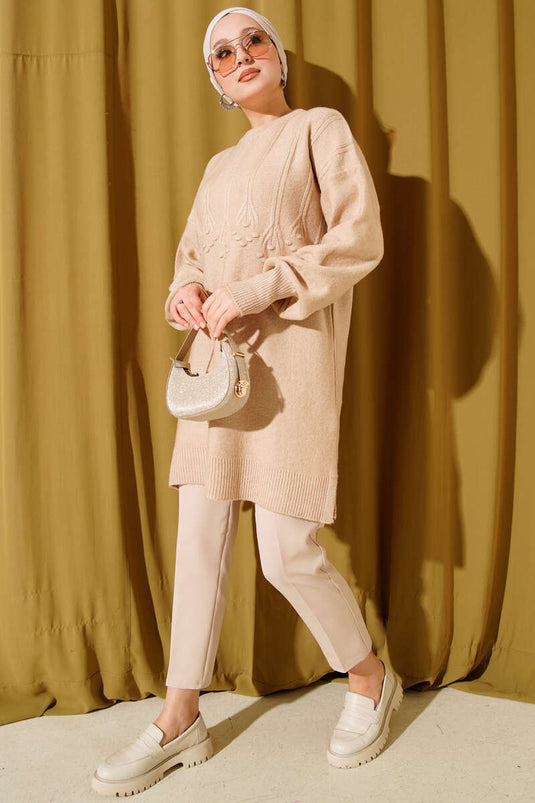 Cluster Embossed Soft Knitwear Tunic Latte