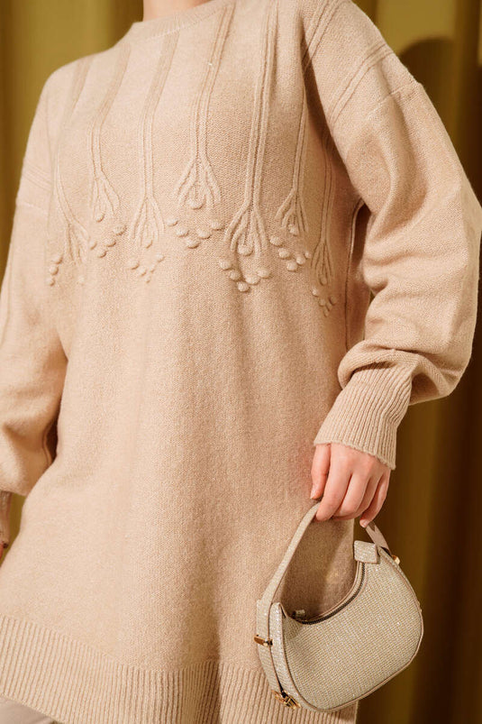 Cluster Embossed Soft Knitwear Tunic Latte
