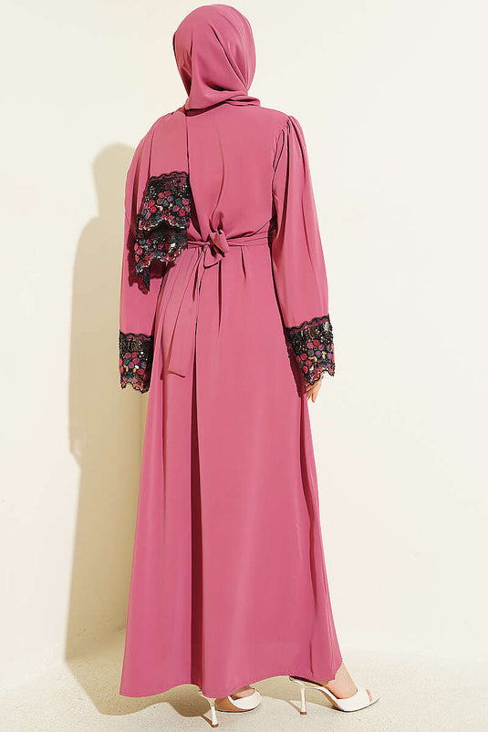 Şallı Çiçek Süslemeli Abaya Elbise Gül Kurusu