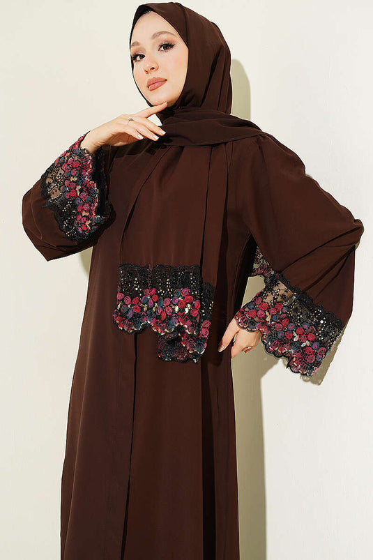 Şallı Çiçek Süslemeli Abaya Elbise Kahve