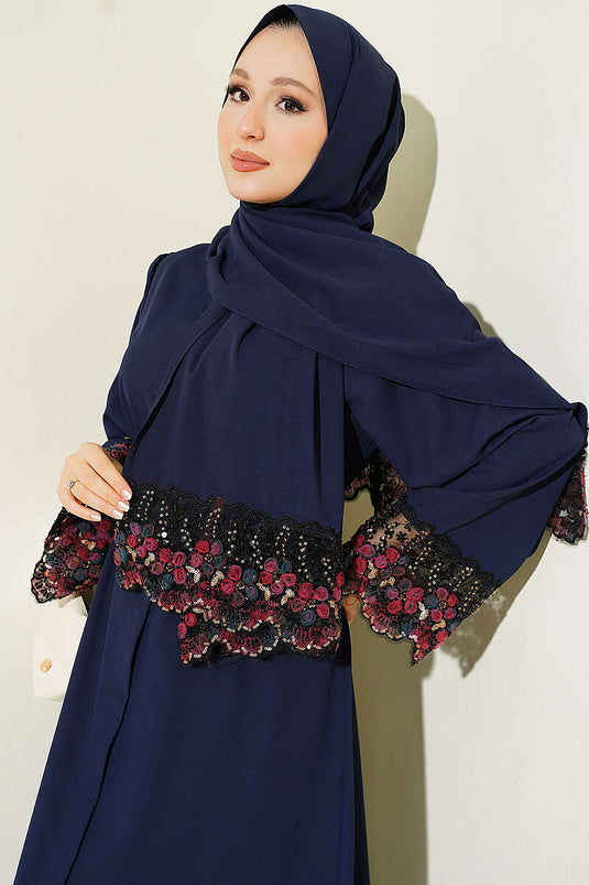 Şallı Çiçek Süslemeli Abaya Elbise Lacivert