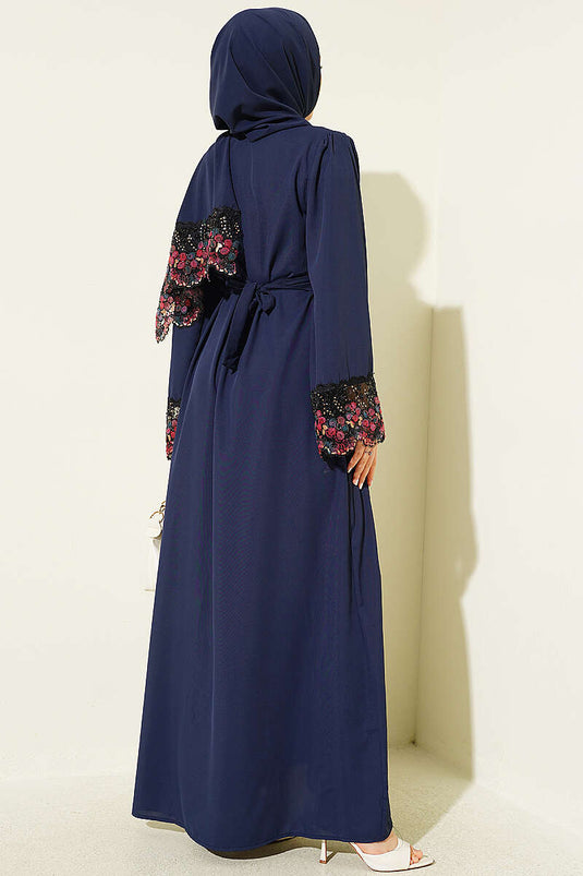 Şallı Çiçek Süslemeli Abaya Elbise Lacivert