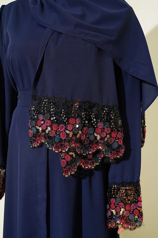 Şallı Çiçek Süslemeli Abaya Elbise Lacivert