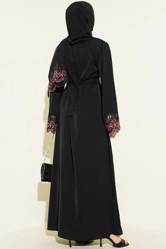 Şallı Çiçek Süslemeli Abaya Elbise Siyah