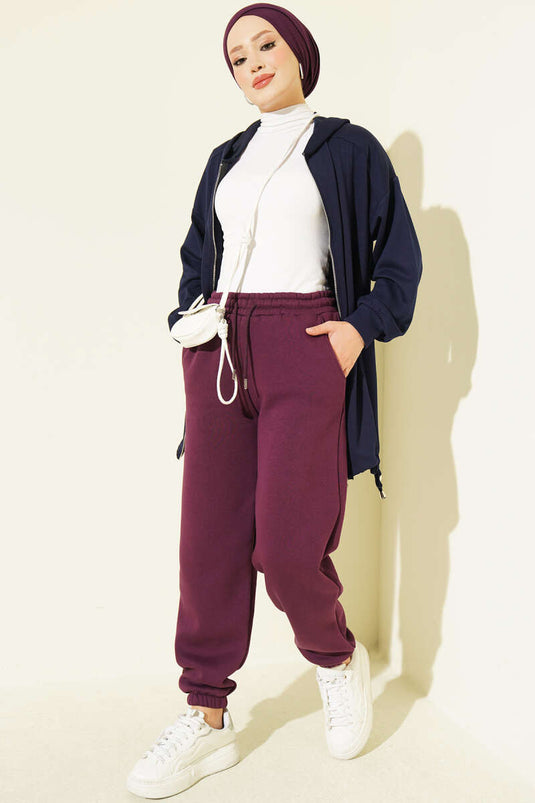 Şardonlu Bağcıklı Pantolon Mürdüm
