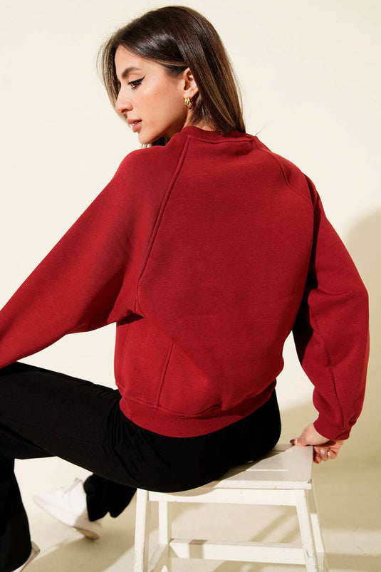 Bordeaux Basic Kurzes Sweatshirt Mit Fleece