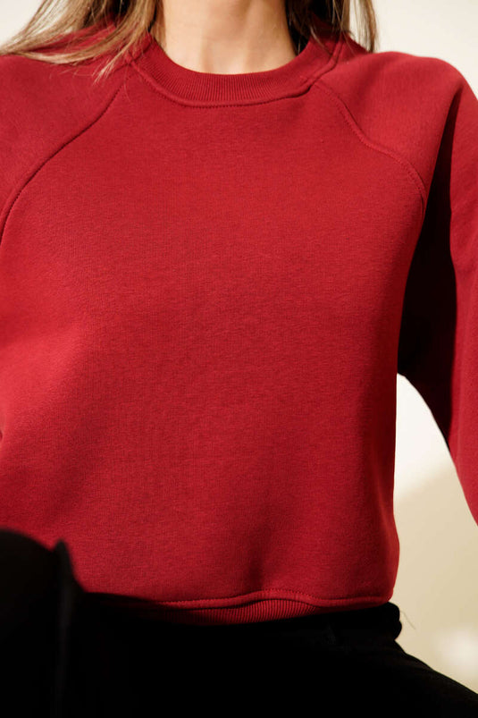 Bordeaux Basic Kurzes Sweatshirt Mit Fleece