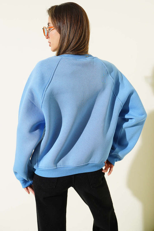 Fleece-Lined Basic Short Sweatshirt In Blue